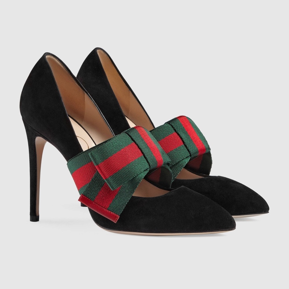 Women's GUCCI Black Suede Pump With Removable Web Bow